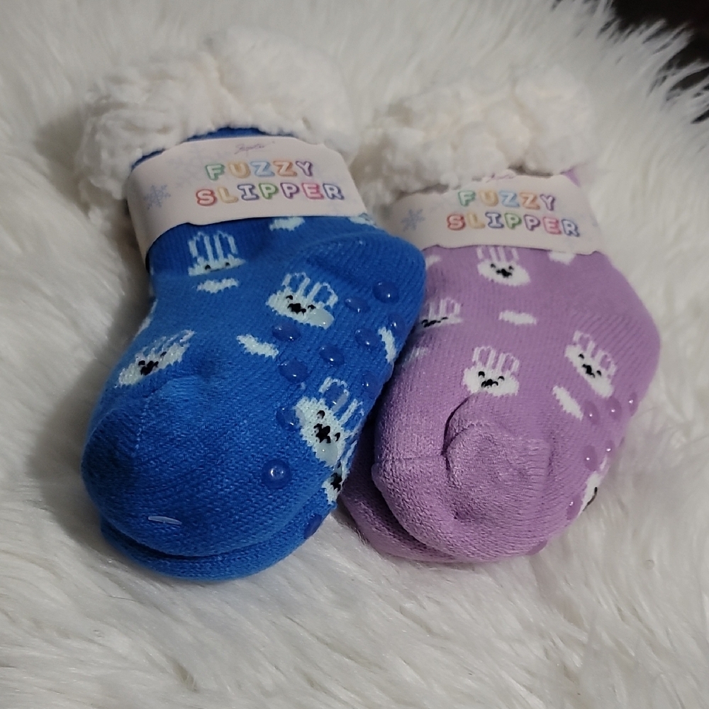 Fuzzy Slipper Socks - Blue and Purple